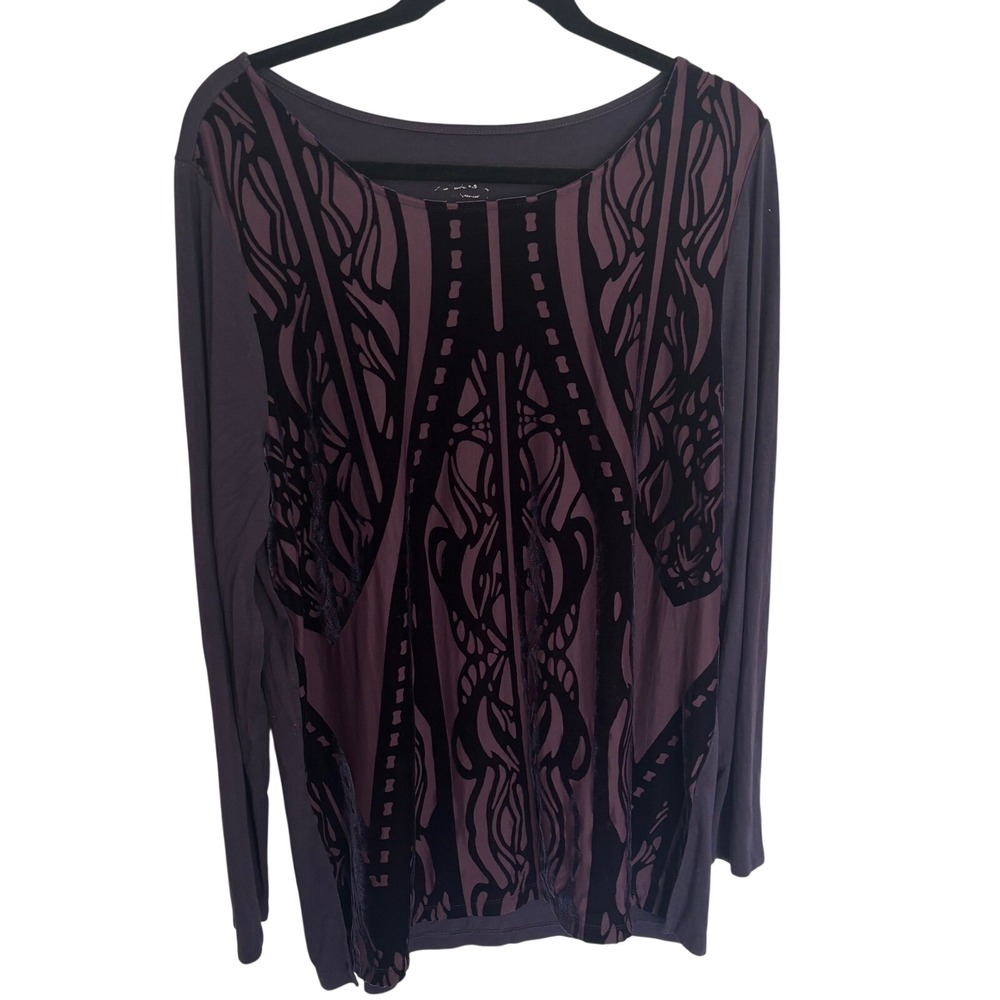 Chico's Purple Velvet Burnout Tunic Top Floral Boho Long Sleeve Art to Wear Sz 1